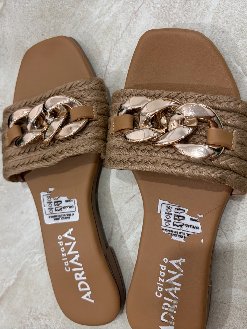 Tan Braided Slide Sandals with Gold Chain Accent